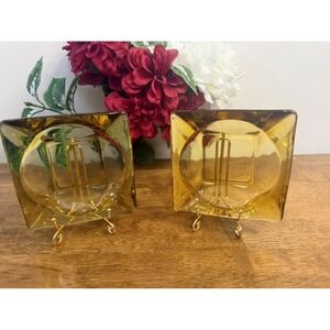 Vintage Amber Yellow Glass‎ Mid Century Square Ashtray Pair Retro Tobacciana